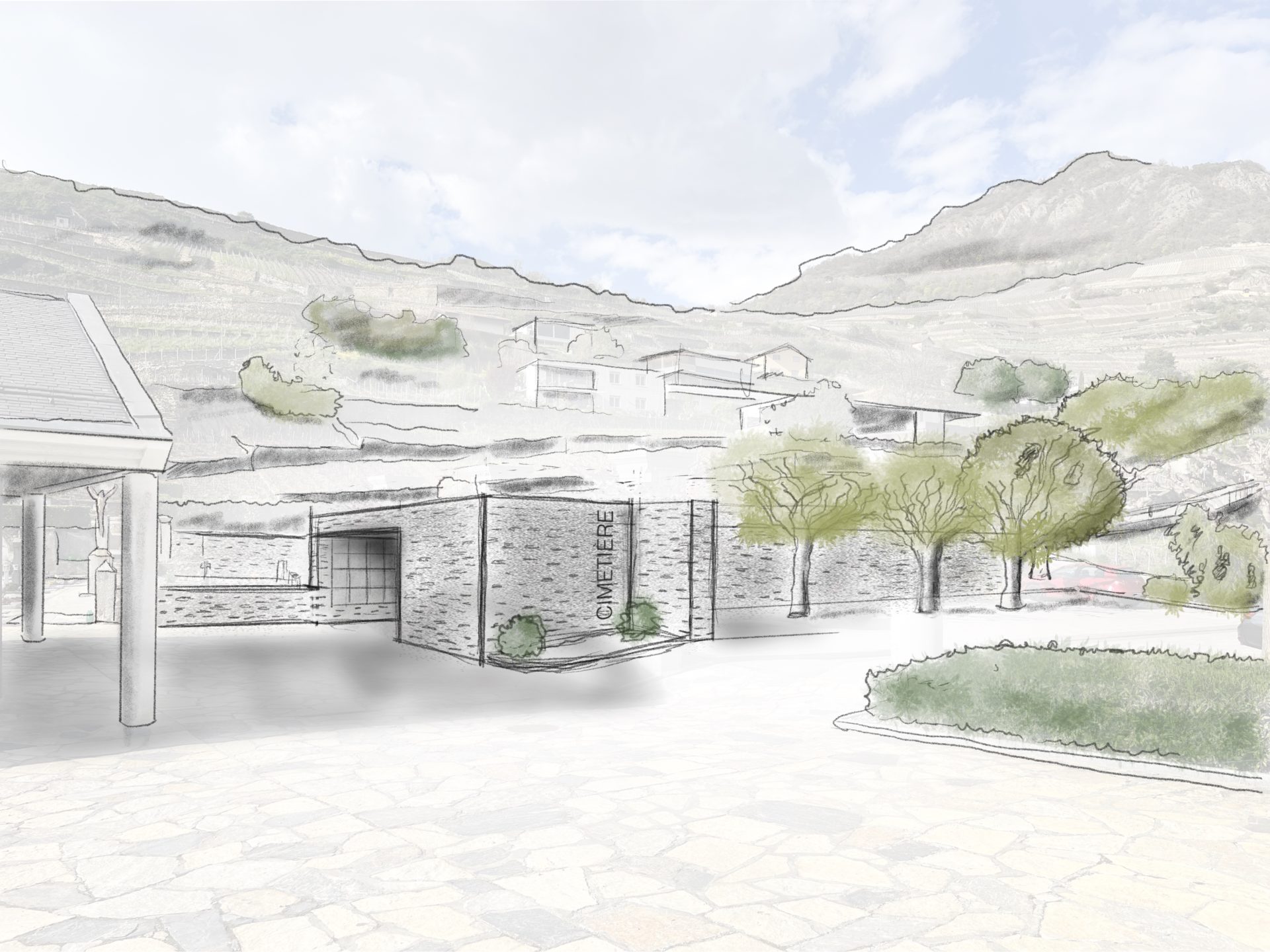 croquis d'étude, aménagement paysager, aménagement cimetière de Saint-Léonard, création d'espace, architecture sacrée, projet d'architecture, projet d'aménagement, concept d'aménagement, matériaux locaux, matériaux nobles, matériaux durable, architecte Valais