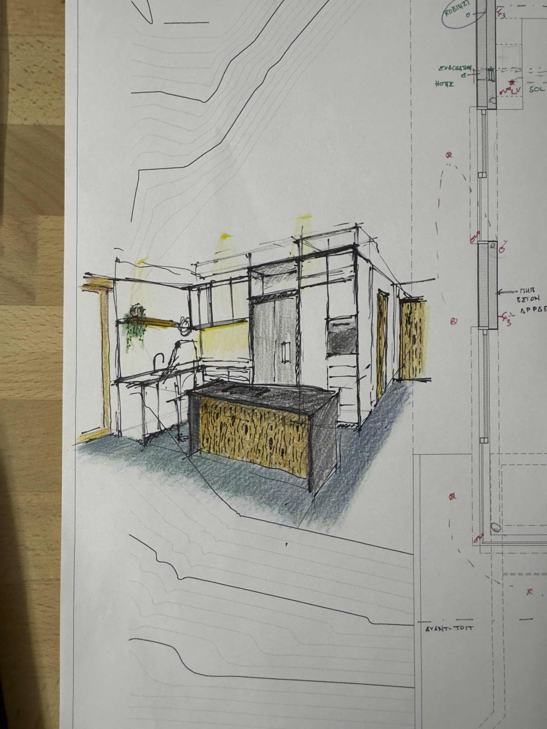 Croquis d'architecture pour l'étude des matériaux et de l'organisation d'une cuisine moderne dans le cadre de la construction de deux habitations individuelles à Edre en Valais.