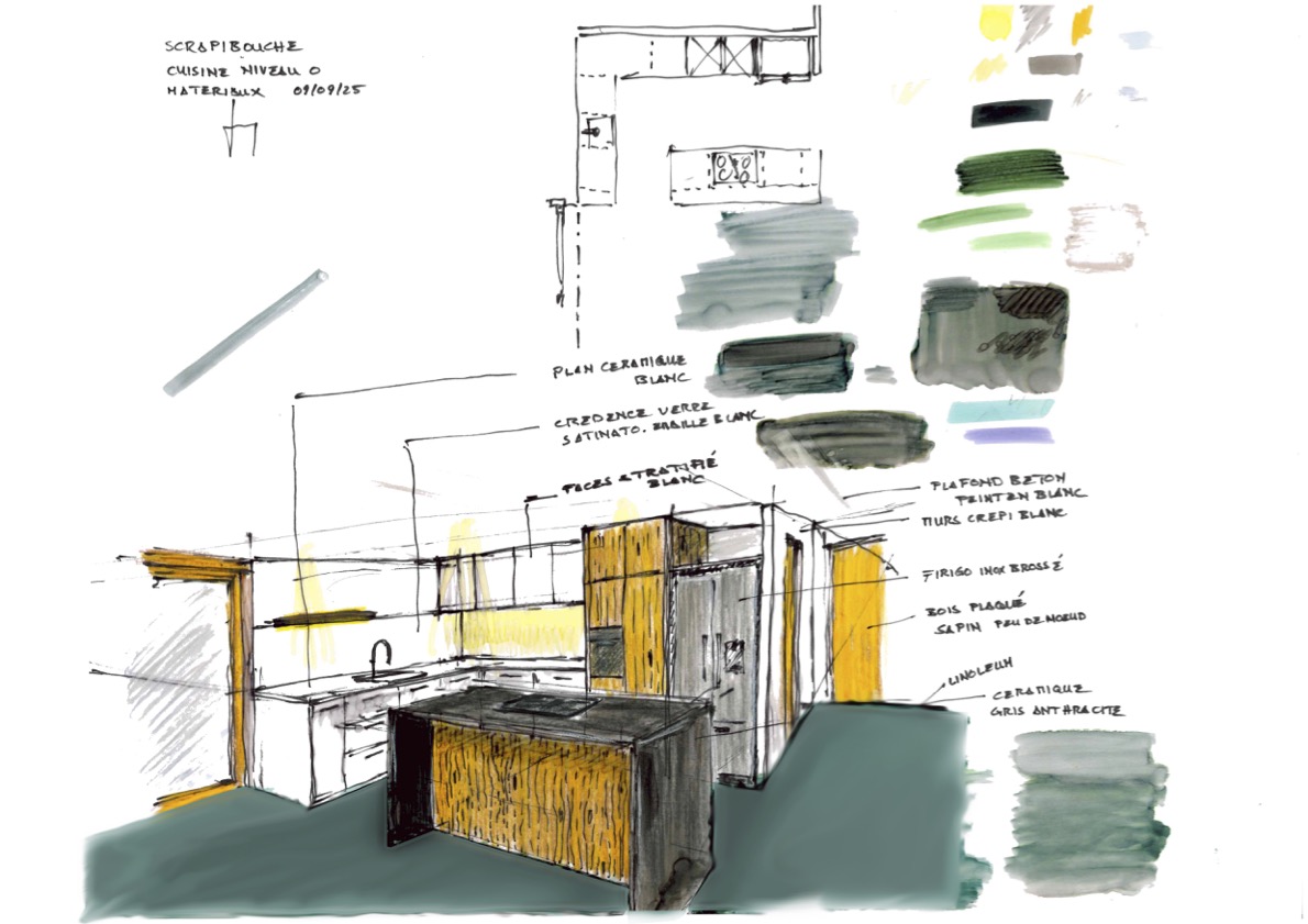 Dessin d'architecte pour l'étude de l'aménagement et des matériaux d'une cuisine
